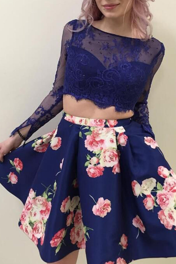 Vestidos de fiesta de dos piezas, corte en A, escote redondo, mangas largas, encaje floral y bolsillos.