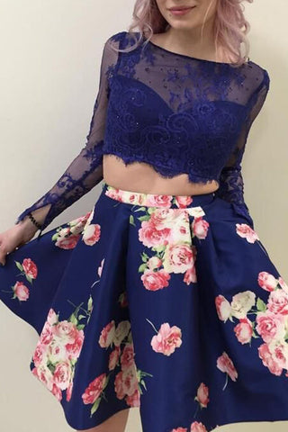 Robes de bal deux pièces trapèze à manches longues et col rond en dentelle florale avec poches