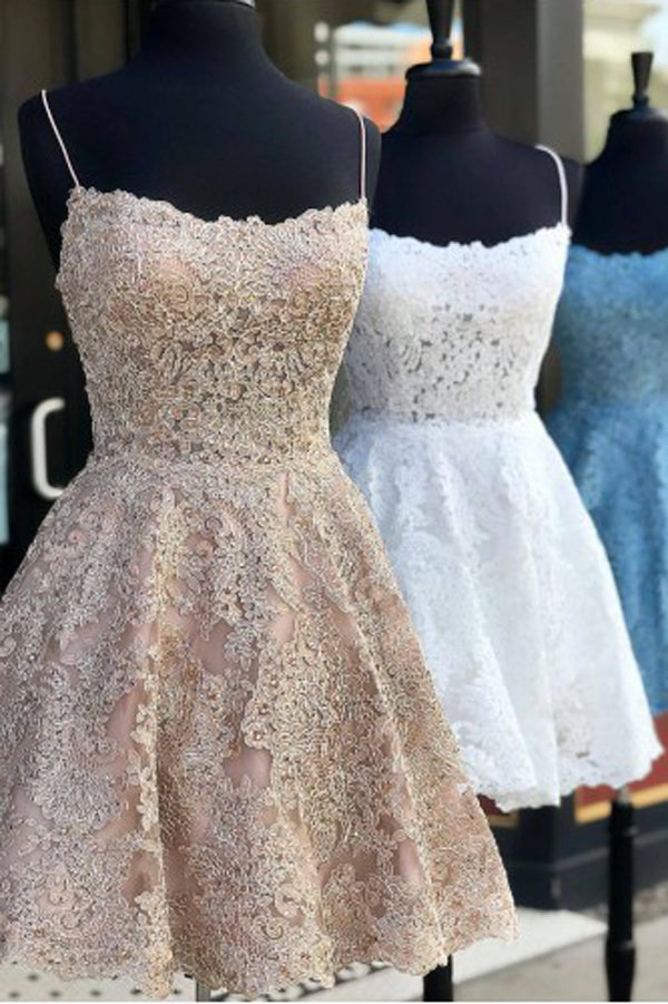 Vestidos de fiesta de bienvenida con tul, corte en A, apliques de encaje y tirantes finos