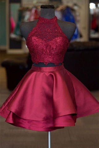 Burgundy Two Piece A-line Satin Short Prom Dresses Homecoming Dress
