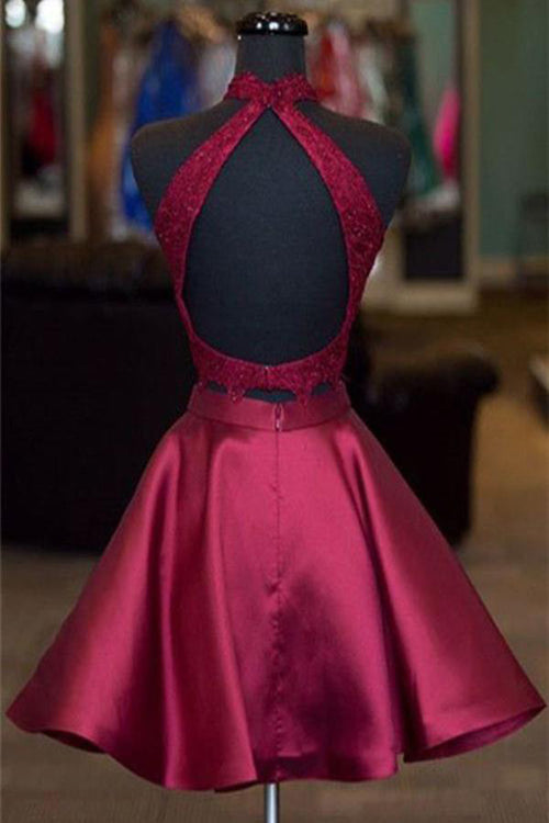 Vestido corto de fiesta de graduación de satén burdeos de dos piezas corte A