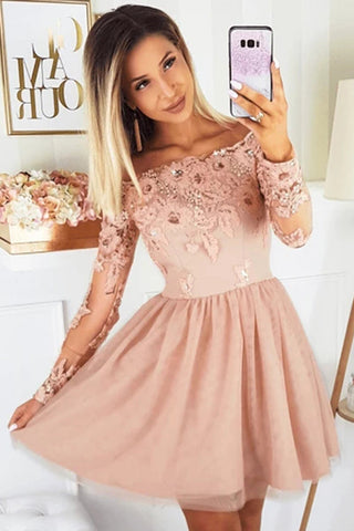 Off The Shoulder Long Sleeve Lace A-line Tulle Homecoming Dresses