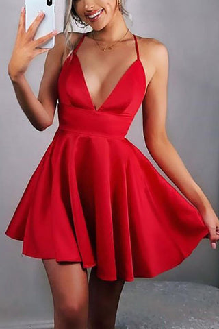 Deep V-neck Satin Backless Red Pleated Slip Party homecoming dresses