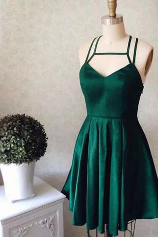 Vestido corto de fiesta verde oscuro con cuello halter, estilo halter, económico.