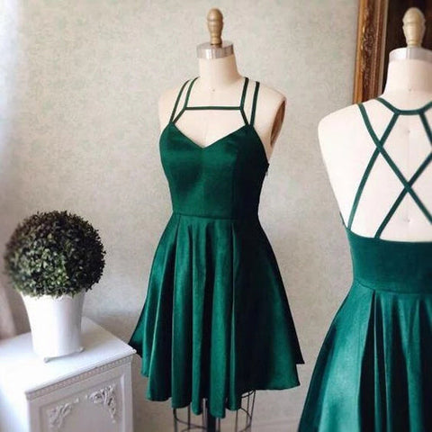 Vestido corto de fiesta verde oscuro con cuello halter, estilo halter, económico.