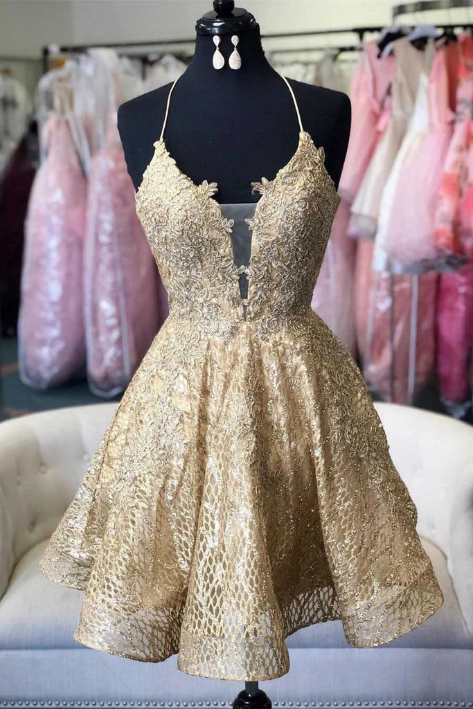 Vestido corto de fiesta de encaje corte A con espalda cruzada