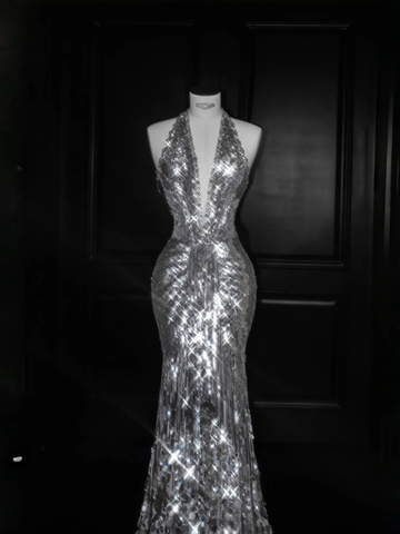 Vestido de noche plateado brillante con escote halter en V profundo, lentejuelas, espalda descubierta y cuentas, estilo sirena, modelo Y8687