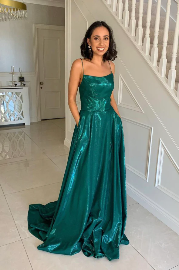 Vestido largo de fiesta verde satinado, vestido de noche corte A Y243