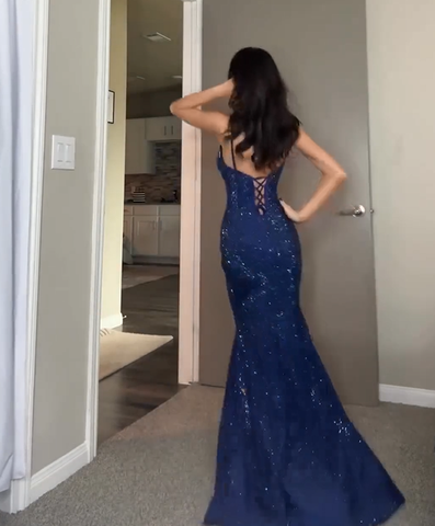 Vestido de noche de sirena con lentejuelas azules brillantes, tirantes y abertura, modelo Y7825