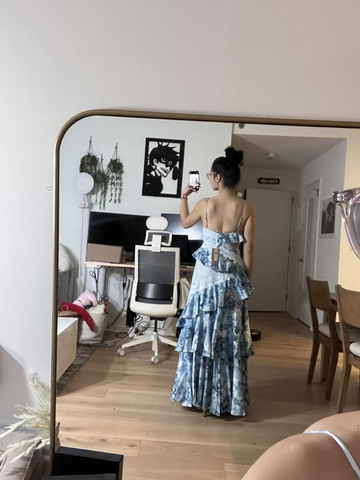 Gorgeous Blue Sleeveless V-Neck Lace Ruffle Tiered Evening Dress Formal Prom Dress Y8460