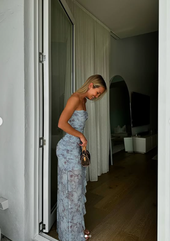 Chic Chiffon Print Floral Long Prom Dress Strapless Slit Party Evening Dress Y8238