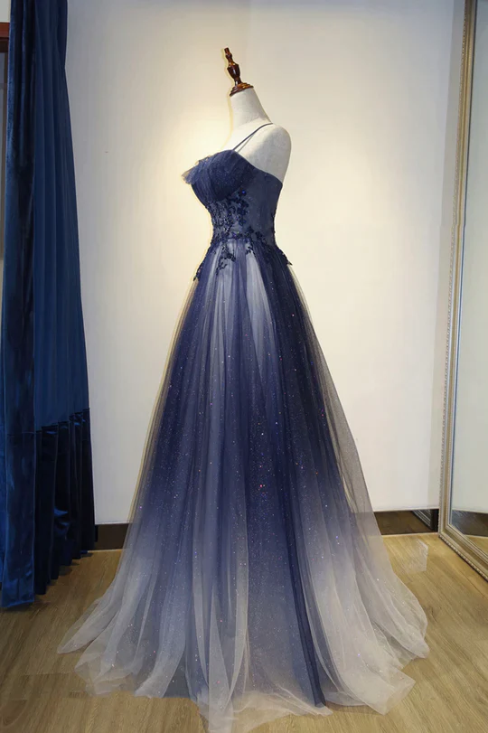 Robe de soirée longue élégante à bretelles en tulle dégradé, robe de bal en tulle trapèze Y1807