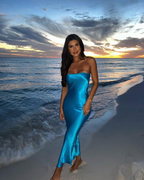Vestido de noche azul sencillo sin tirantes estilo tubo Y8188