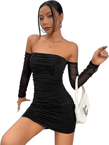 Women's Contrast Mesh Off The Shoulder Ruched Pencil Hem Fitted Homecoming Dress Y2572