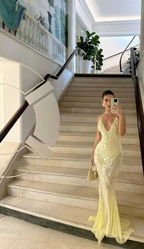 Robe de soirée sirène jaune en mousseline à sequins, col V, modèle Y7892