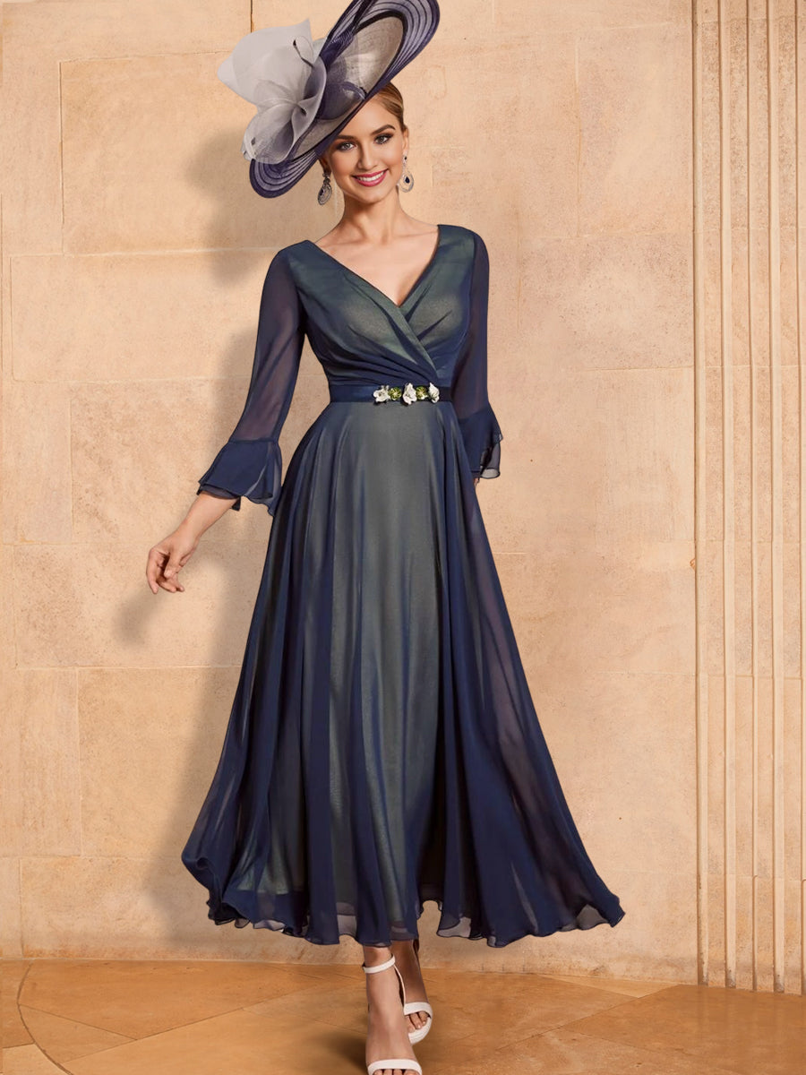 Vestidos de corte princesa/línea A, escote en V, largo hasta el tobillo, para la madre de la novia, con cinturón. 