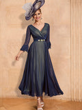 Vestidos de corte princesa/línea A, escote en V, largo hasta el tobillo, para la madre de la novia, con cinturón. 