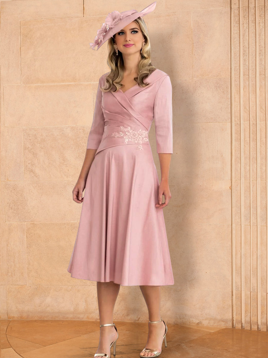 Vestidos de corte princesa/línea A con escote en V y largo midi para la madre de la novia con apliques 