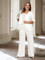 Tailleur-pantalon en mousseline à manches longues pour la mère de la mariée, avec veste 