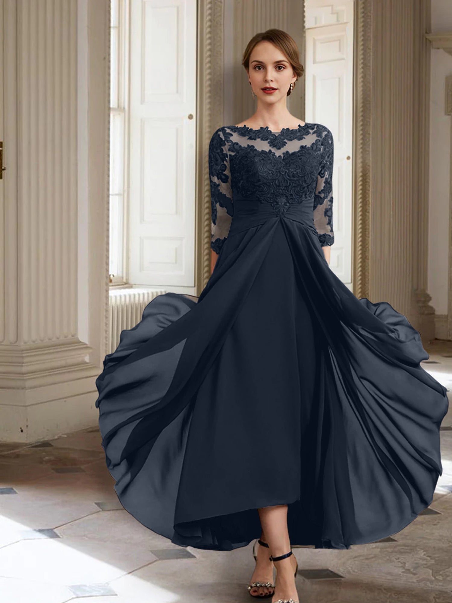 Vestidos de corte princesa/línea A para la madre de la novia, manga larga y apliques. 