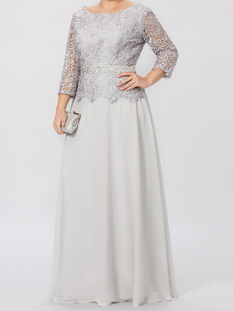 Robe de mère de la mariée longue jusqu'au sol, coupe trapèze/princesse, col rond, manches 3/4, ornée d'appliqués et de sequins 