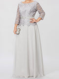 Robe de mère de la mariée longue jusqu'au sol, coupe trapèze/princesse, col rond, manches 3/4, ornée d'appliqués et de sequins 