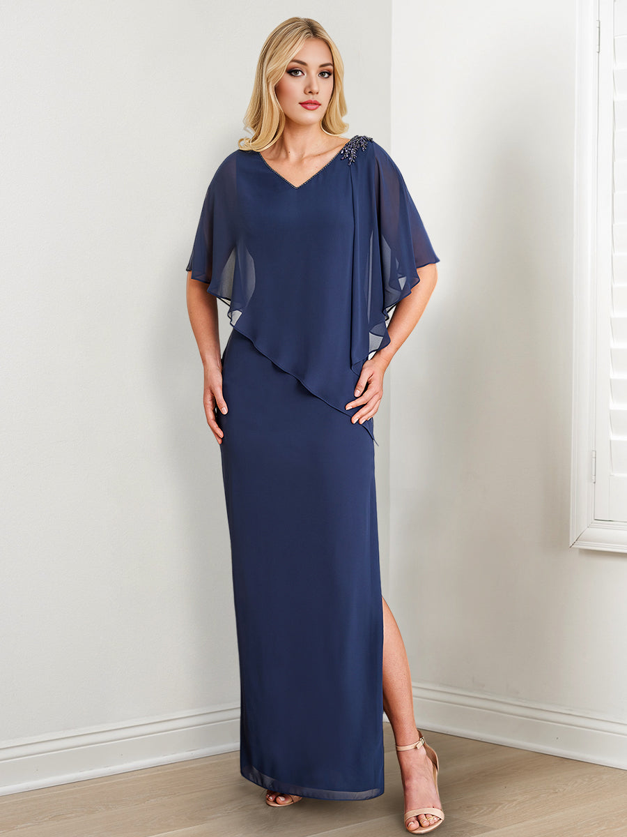 Vestidos de corte recto/columna para la madre de la novia con escote en V, bordados y abertura lateral. 