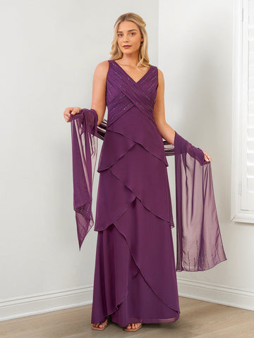 Robes de mère de la mariée de coupe trapèze/princesse à col en V avec perles et drapés 