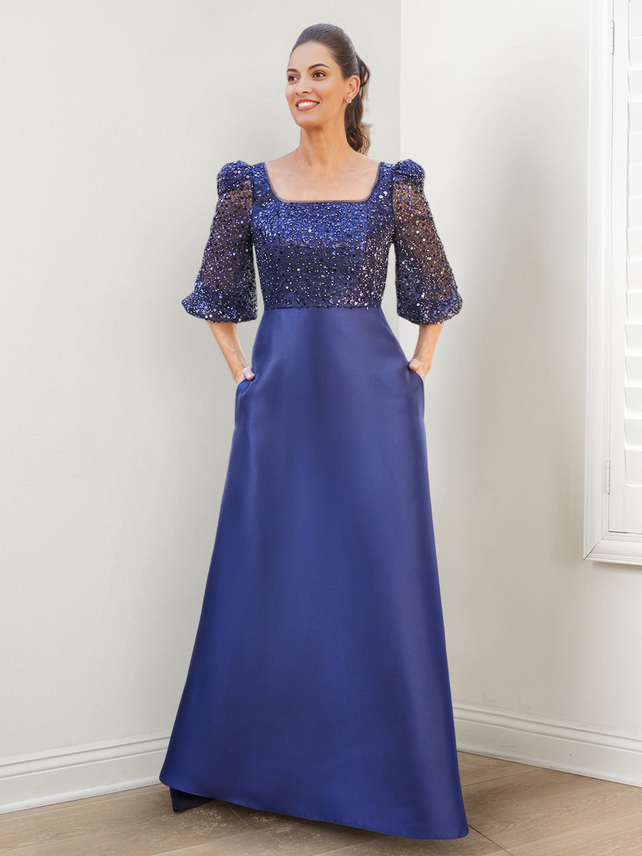 Robes de mère de la mariée de coupe trapèze/princesse à encolure carrée, ornées de sequins et de poches 