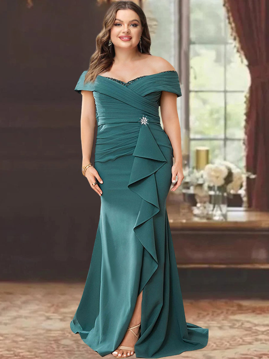 Vestidos de corte recto/columna, sin mangas, con hombros descubiertos y largo hasta el suelo, para la madre de la novia, con volantes. 