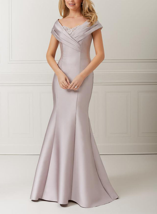 Robes de mère de la mariée en satin, coupe trompette/sirène, épaules dénudées, ornées d'appliqués et de perles 