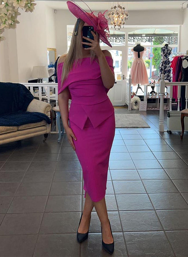 Vestidos de corte recto/columna con hombros descubiertos y largo midi para la madre de la novia 