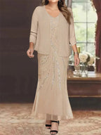 Robes de mère de la mariée fourreau/colonne, col en V, longueur cheville, avec veste et sequins 