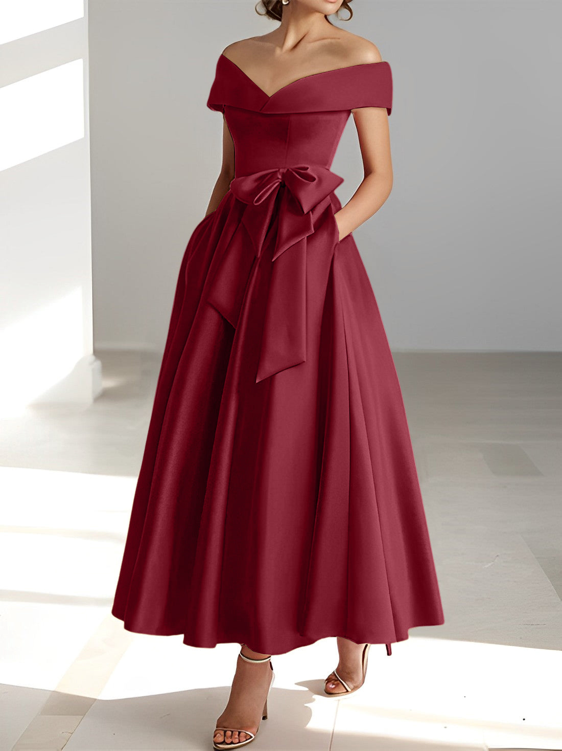 Robes de mère de la mariée de coupe trapèze/princesse, épaules dénudées, sans manches, longueur cheville, avec poches 