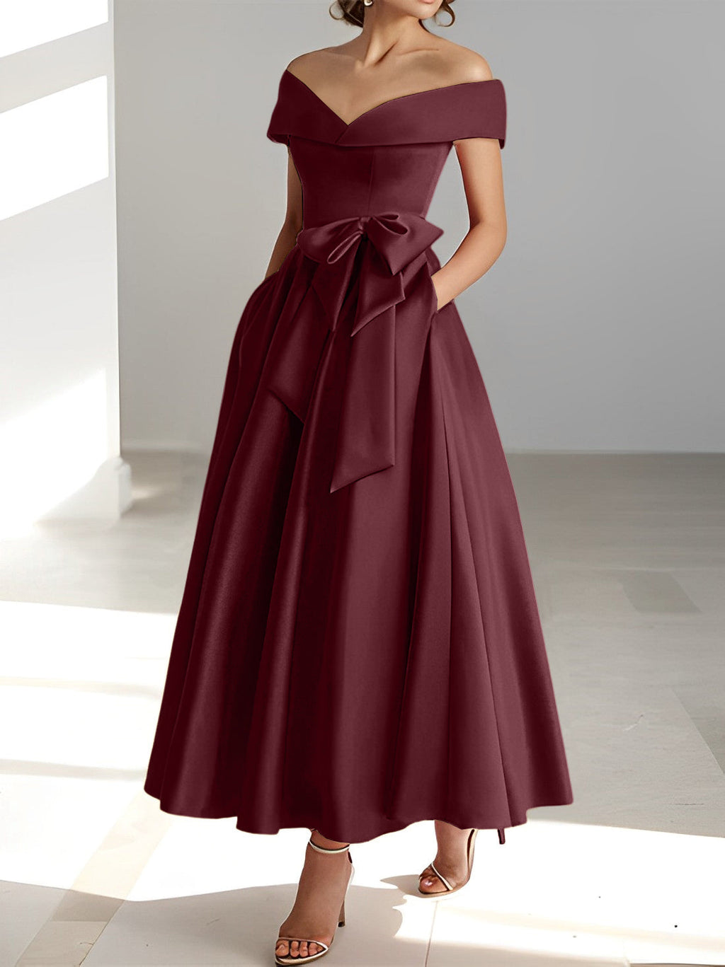 Vestidos de corte princesa/línea A, sin mangas, hasta el tobillo, con hombros descubiertos y bolsillos para la madre de la novia 