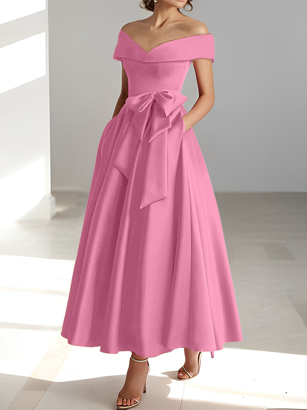 Vestidos de corte princesa/línea A, sin mangas, hasta el tobillo, con hombros descubiertos y bolsillos para la madre de la novia 