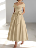 Vestidos de corte princesa/línea A, sin mangas, hasta el tobillo, con hombros descubiertos y bolsillos para la madre de la novia 