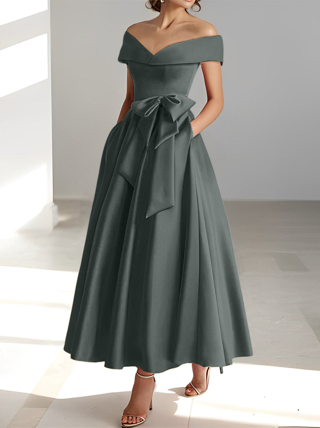Vestidos de corte princesa/línea A, sin mangas, hasta el tobillo, con hombros descubiertos y bolsillos para la madre de la novia 