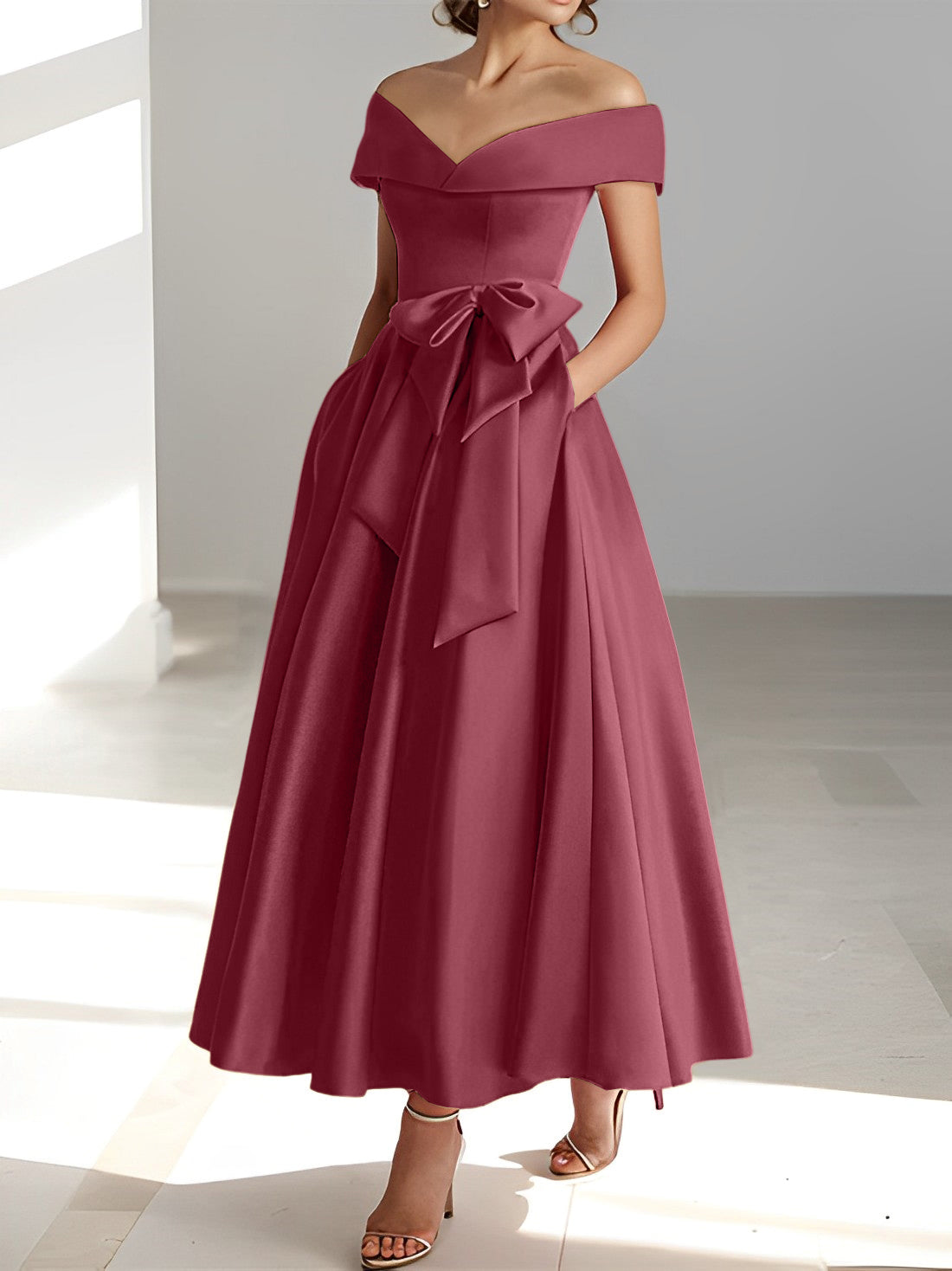 Robes de mère de la mariée de coupe trapèze/princesse, épaules dénudées, sans manches, longueur cheville, avec poches 