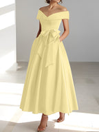 Vestidos de corte princesa/línea A, sin mangas, hasta el tobillo, con hombros descubiertos y bolsillos para la madre de la novia 