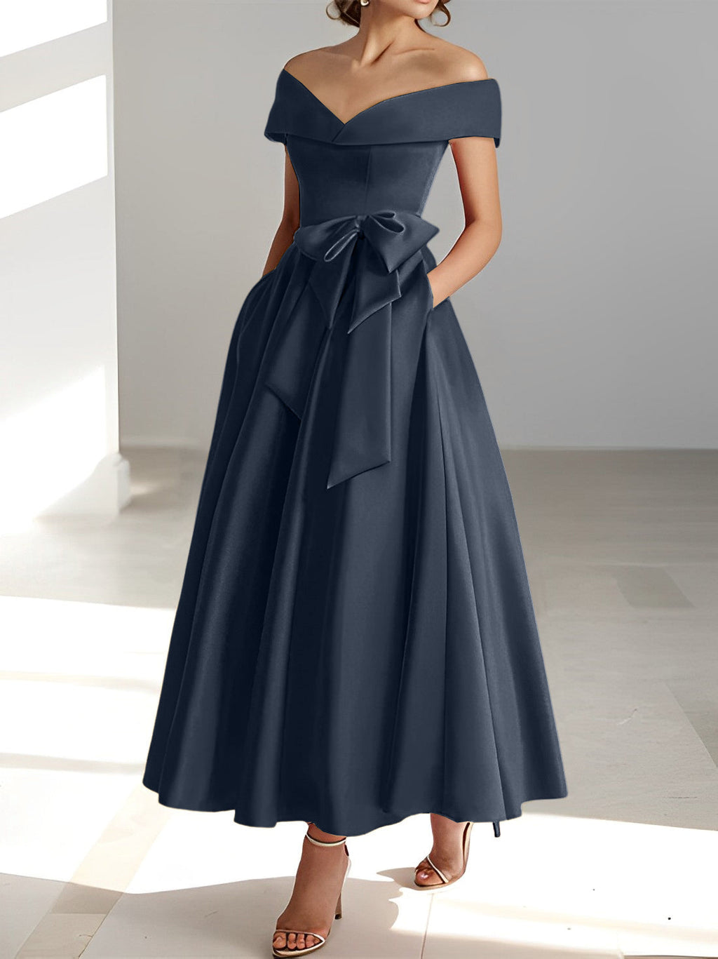 Vestidos de corte princesa/línea A, sin mangas, hasta el tobillo, con hombros descubiertos y bolsillos para la madre de la novia 