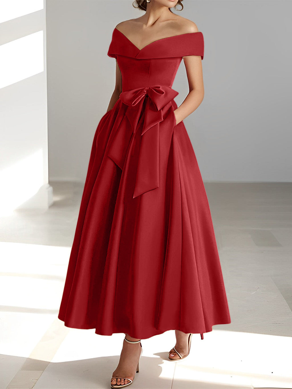 Vestidos de corte princesa/línea A, sin mangas, hasta el tobillo, con hombros descubiertos y bolsillos para la madre de la novia 