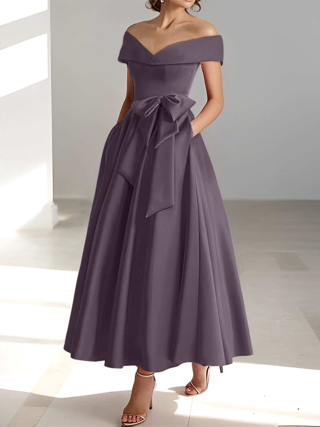 Vestidos de corte princesa/línea A, sin mangas, hasta el tobillo, con hombros descubiertos y bolsillos para la madre de la novia 