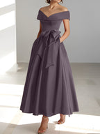 Vestidos de corte princesa/línea A, sin mangas, hasta el tobillo, con hombros descubiertos y bolsillos para la madre de la novia 