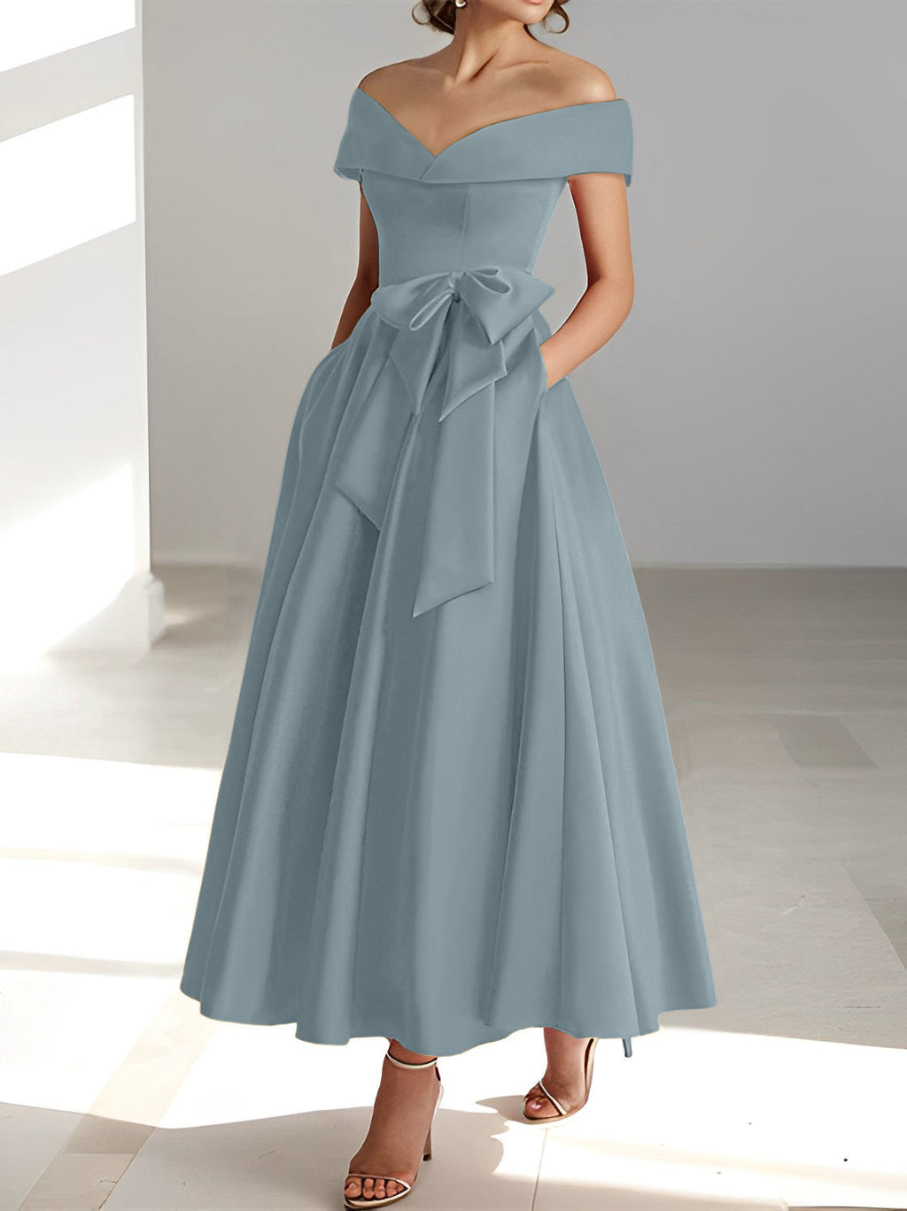Vestidos de corte princesa/línea A, sin mangas, hasta el tobillo, con hombros descubiertos y bolsillos para la madre de la novia 