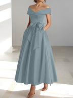 Vestidos de corte princesa/línea A, sin mangas, hasta el tobillo, con hombros descubiertos y bolsillos para la madre de la novia 