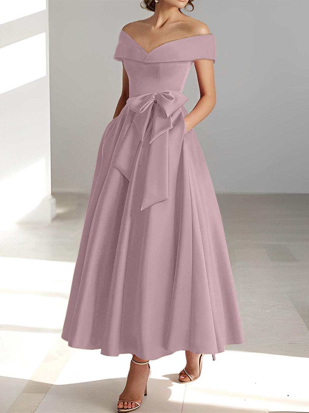 Vestidos de corte princesa/línea A, sin mangas, hasta el tobillo, con hombros descubiertos y bolsillos para la madre de la novia 
