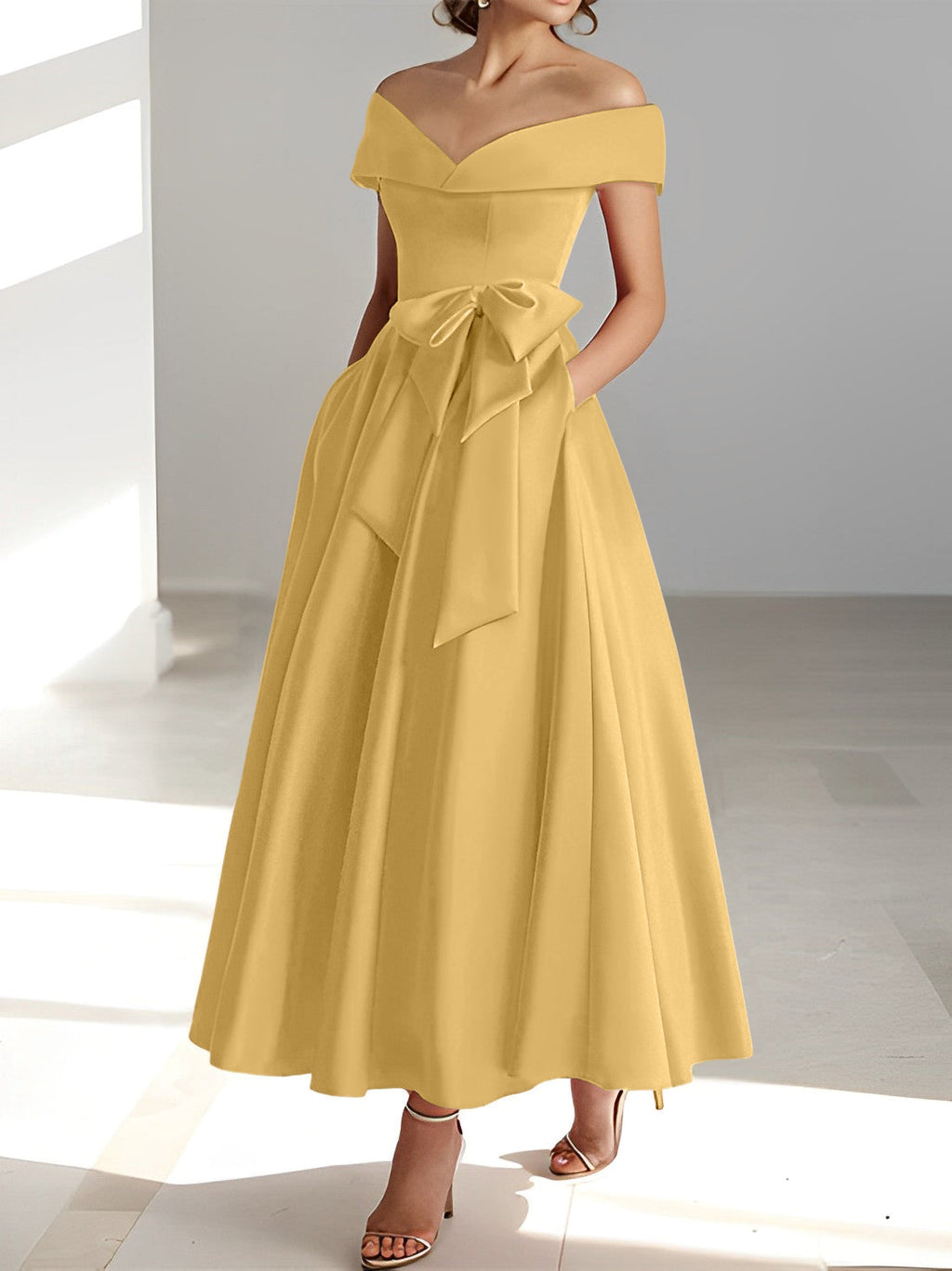 Vestidos de corte princesa/línea A, sin mangas, hasta el tobillo, con hombros descubiertos y bolsillos para la madre de la novia 