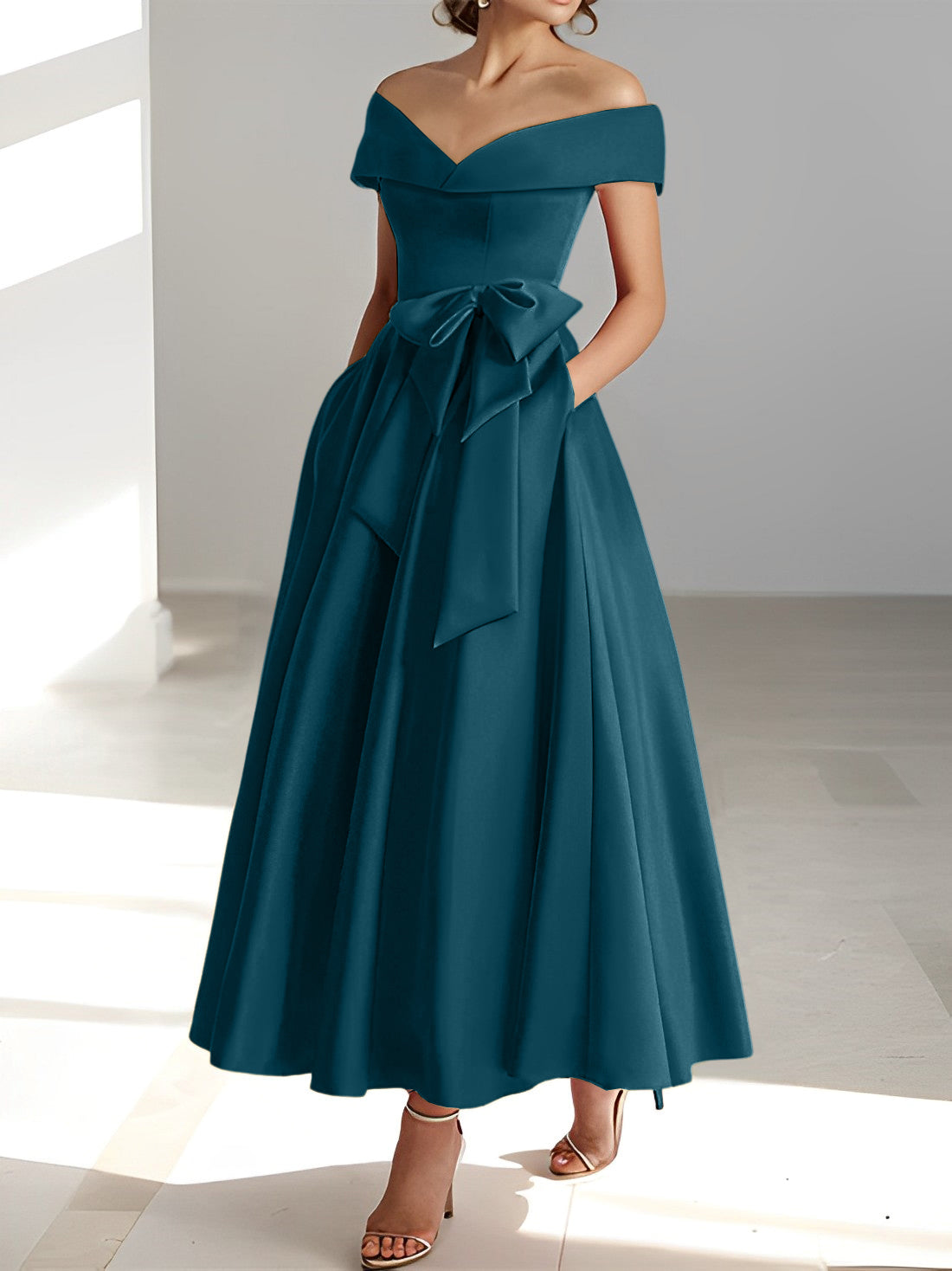 Robes de mère de la mariée de coupe trapèze/princesse, épaules dénudées, sans manches, longueur cheville, avec poches 
