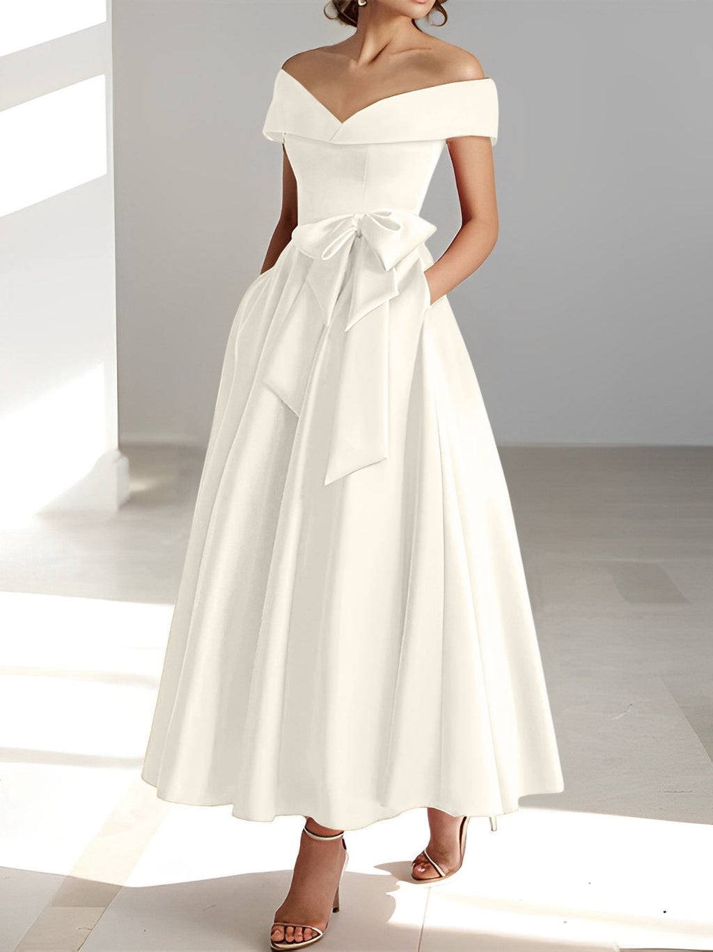 Vestidos de corte princesa/línea A, sin mangas, hasta el tobillo, con hombros descubiertos y bolsillos para la madre de la novia 